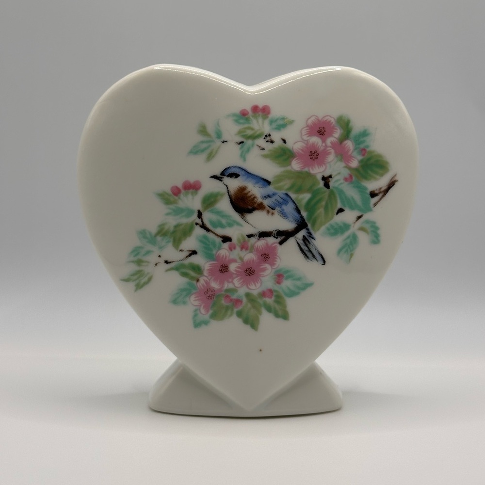 Vintage Heart-Shaped Porcelain Vase Candle Holder Planter w/ Blue Bird & Florals
